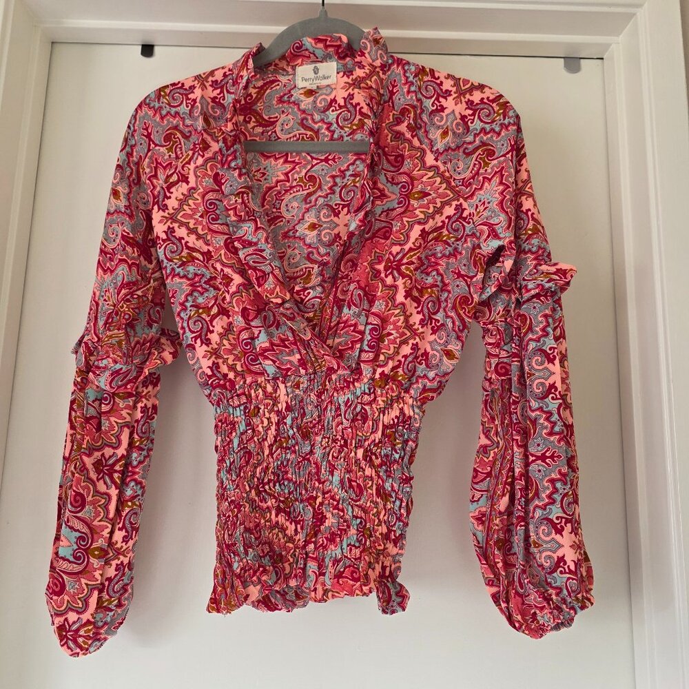 Perry Walker Collective Silk Blend Blouse Long SLeeve Paisley Ruffles Size 1 XS